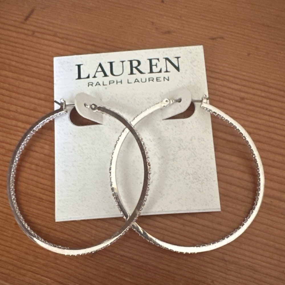 Lauren Ralph Lauren Crystal Hoop Earrings Silver Tone Hoops Vintage 1.75 in